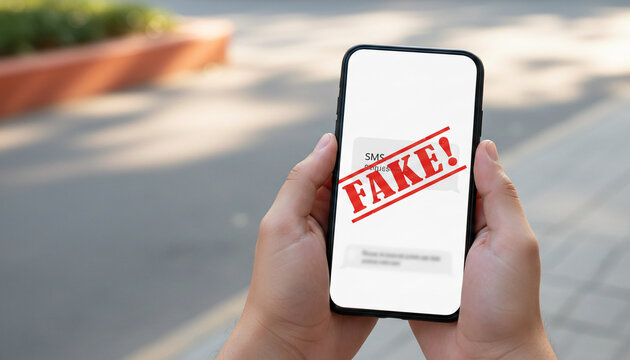 A hand holding a smartphone displays a message with a red "FAKE!" stamp, symbolizing misinformation and deception on digital platforms