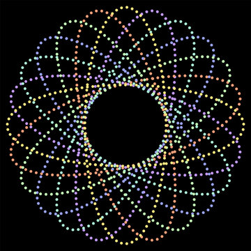 Vibrant vector geometric frame featuring an intricate overlapping spirograph dot pattern in a rainbow gradient. Multi-looped mandala design ideal for modern digital graphics and tech art.