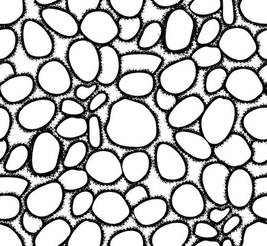 Abstract monochrome seamless pattern featuring an organic pebble stone mosaic with a stippled hand-drawn outline. Black and white vector design ideal for textiles and nature wallpapers.