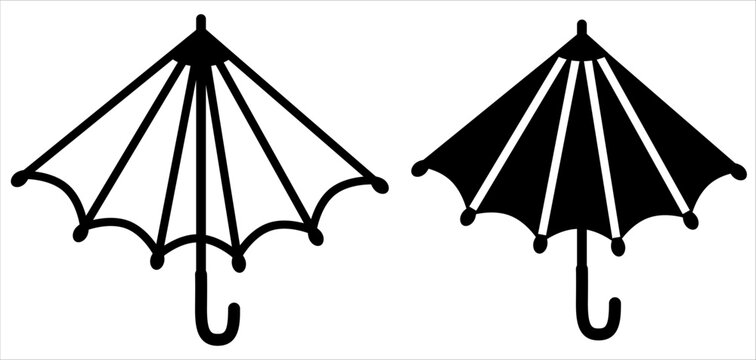Black vector illustration featuring two umbrella designs in outline and solid silhouette styles. Clean minimalist icons ideal for weather graphics, logos, and stencils.