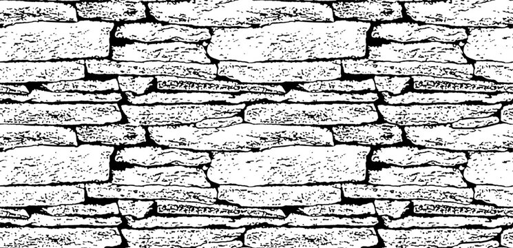 Abstract monochrome seamless pattern featuring a rustic slate stone wall with distressed brick outlines. Black and white vector design ideal for architectural wallpapers and graphics.