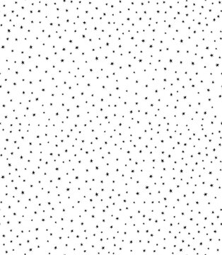 Minimalist monochrome seamless pattern featuring scattered hand-drawn stars on a white background. Whimsical vector design ideal for nursery decor, wrapping paper, and holiday textiles.