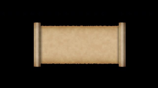 Vintage paper scroll open and close to left and right animation with blank placeholder reveal on black background and green screen. 4K animated old paper scroll for titles and motion graphics.