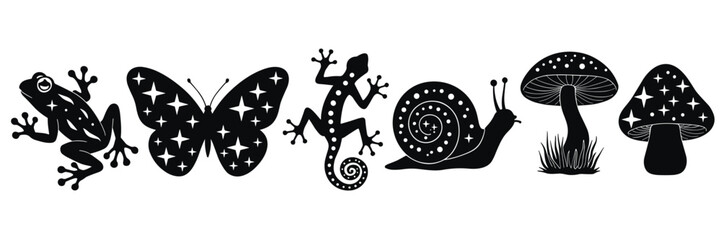 Black silhouette frog butterfly gecko snail mushrooms with star and dot patterns on white background © MadhobiRani