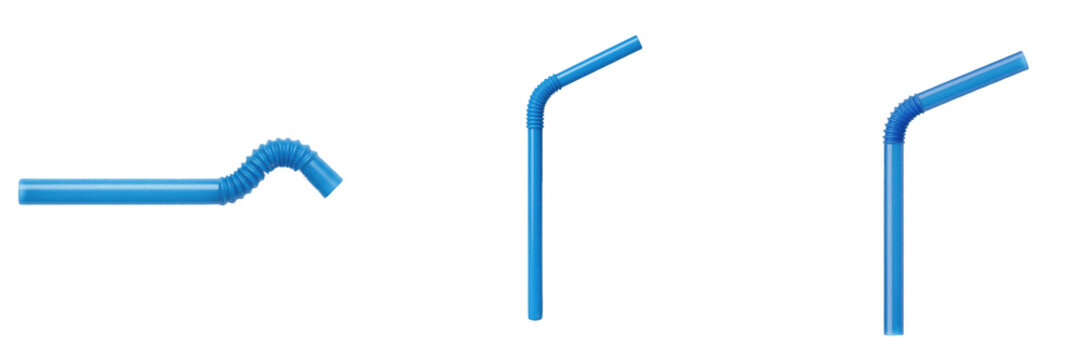Blue Plastic Drinking Straws with Flexible Bending Neck, Disposable Beverage Accessories Isolated on White Background, Eco-Unfriendly Item for Drinks, High-Resolution Transparent PNG for Digital Desig