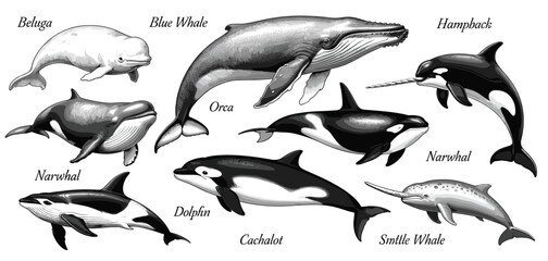 Collection of diverse whale and dolphin species in grayscale beluga whale blue whale humpback whale orca © MadhobiRani