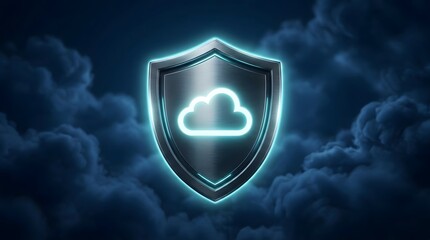 Fototapeta premium Metallic security shield with a glowing neon cloud icon floating amid dark atmospheric clouds representing cybersecurity and data protection