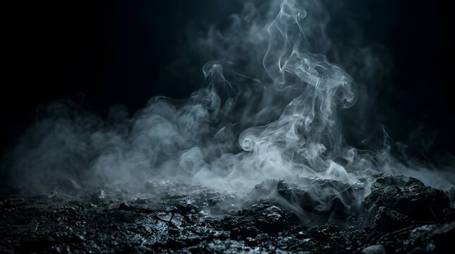 Mysterious black fog and dense clouds rolling across a dark volcanic rock landscape creating a moody cinematic background atmosphere