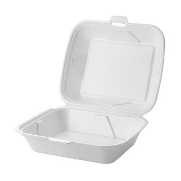 Empty white takeout food container open on table