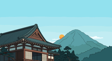 Fototapeta premium Pixel art of a traditional Japanese temple with Mount Fuji in the background at sunrise