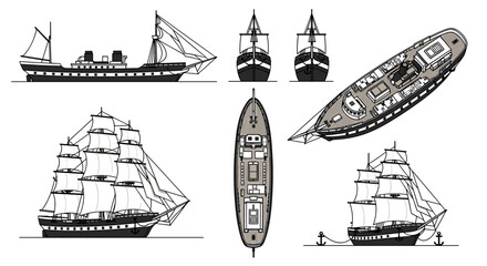 Collection of vintage sailing ships and steamships in various views and perspectives © Gabriel