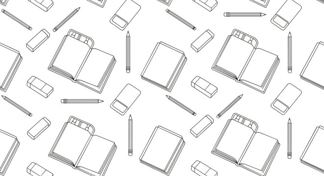 Seamless pattern of open books pencils and erasers on white background education concept