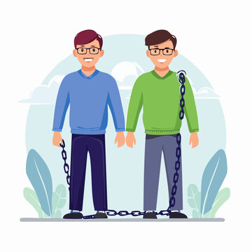 Two men chained together, symbolizing connection or restriction