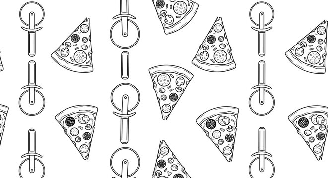 Hand drawn pizza slices and pizza cutters seamless pattern on white background
