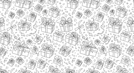 Obraz premium Seamless pattern of hand drawn gift boxes with ribbons and confetti in black and white
