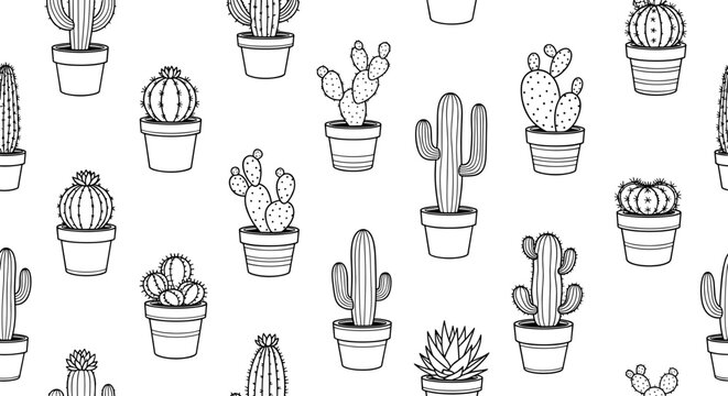 Seamless pattern of various potted cacti and succulents in a hand-drawn sketch style