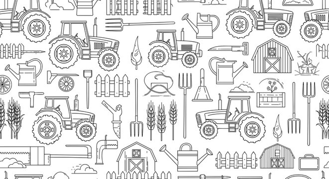 Seamless pattern of farm equipment and elements in a line art style