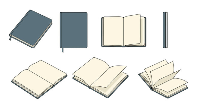 Collection of open and closed notebooks and books in various perspectives