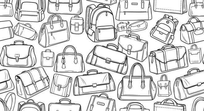Seamless pattern of hand-drawn bags and backpacks in sketch style