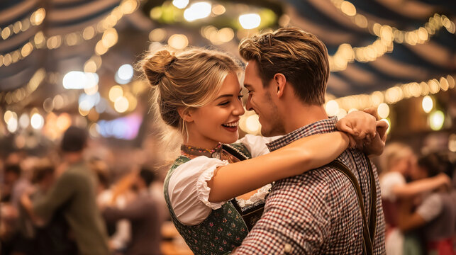 Oktoberfest Romance: A young couple embraces and gazes into each other's eyes amidst the vibrant atmosphere of Oktoberfest, surrounded by the warm glow of festive lights and the murmur of the crowd.