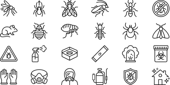 Line art of various pests and pest control measures