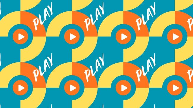 A vibrant geometric design repeats seamlessly. Yellow and blue shapes create a dynamic visual loop. Play.