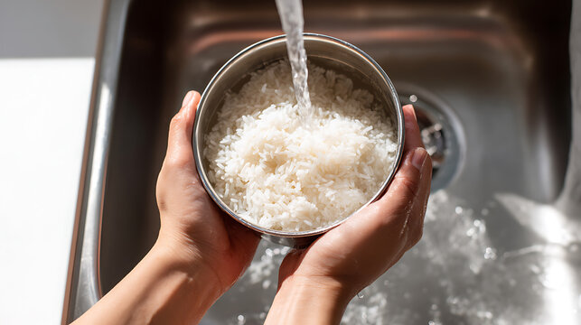 Close-up of hands prepare food, wash rice in metal bowl under running water with clean fresh water in a kitchen sink for cooking meal