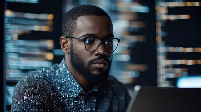 Focused programmer codes late at night, lines of code on screens behind him
