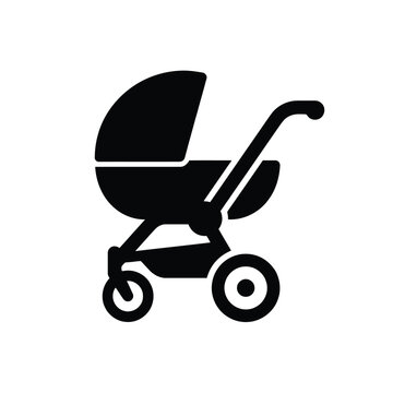 Simple minimal black baby stroller icon on for design and illustration