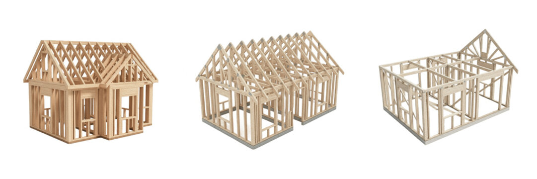 Wooden House Framing Structures Set, Realistic 3D Construction Frames Isolated on White Background, Residential Building Skeleton Prototypes for Architecture, Engineering, and Real Estate Projects, Hi
