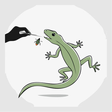 Cartoon Lizard Being Fed an Insect with Tweezers