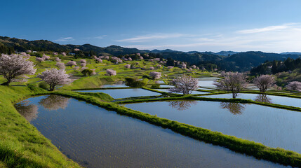 Obraz premium Terraced fields reflect blue sky and fluffy trees, soft light highlighting green landscape and water in a tranquil rural view