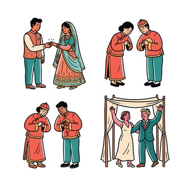 Hand-drawn doodle illustration set of diverse wedding traditions featuring an Indian ring ceremony, Chinese traditional wedding bows, and a Jewish couple under a chuppah ritual canopy.