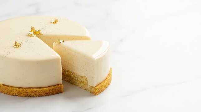 Elegant French Vanilla Cream Entremet Cake with a Smooth Soft Glaze and Delicate Gold Leaf Garnish for a Luxury Pastry Presentation in a Cinematic Widescreen Composition.