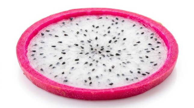 A single fresh dragon fruit slice featuring vibrant pink edges and speckled white pulp isolated on a clean surface, capturing a sharp macro perspective perfect for modern culinary presentations.