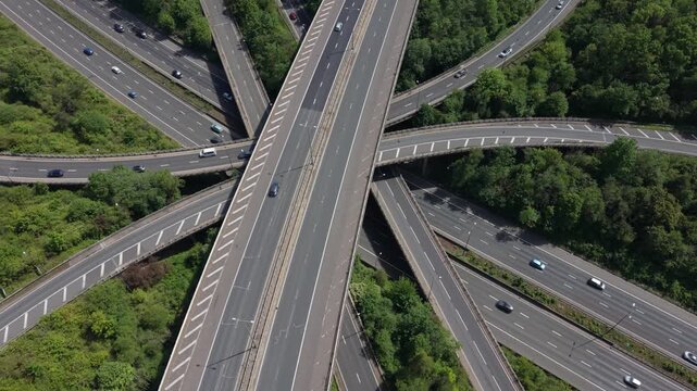 Overhead View of Busy Multi Level Motorway Interchange