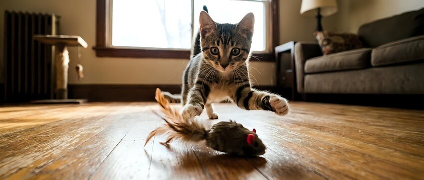 Playful tabby cat pouncing on a toy mouse on a hardwood floor in a cozy living room, capturing feline energy and curiosity.