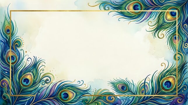 Elegant peacock feather border frame with ornate swirls and decorative elements on cream background for luxury invitations and greeting cards.