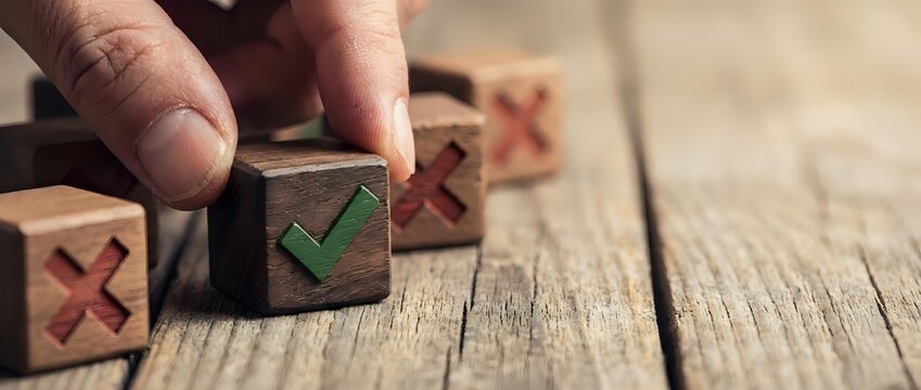 Hand placing wooden block with green check mark among blocks with red X marks on rustic table, symbolizing right choice and decision making.