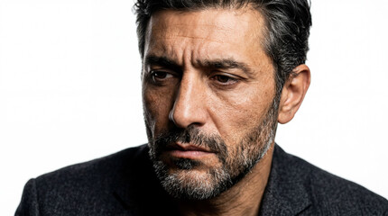 Obraz premium Close-up Portrait of a Pensive Mature Man with Salt and Pepper Beard and Graying Hair, Wearing a Textured Dark Blazer Isolated on White Background