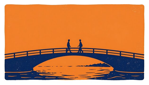 Two people walking towards each other on a bridge during sunset silhouette  
