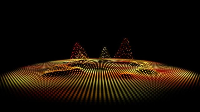 Abstract digital landscape orange gradient black background. Glowing yellow dotted audio waveform, futuristic sound recording platform. Music track cover looping 4K video at 60 fps.