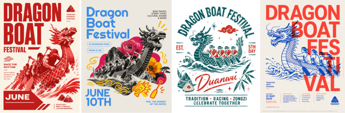 Bold Dragon Boat Festival vector poster set with racing teams, dragon boats, paddles, waves, zongzi, Duanwu symbols, vintage typography and cultural event design.