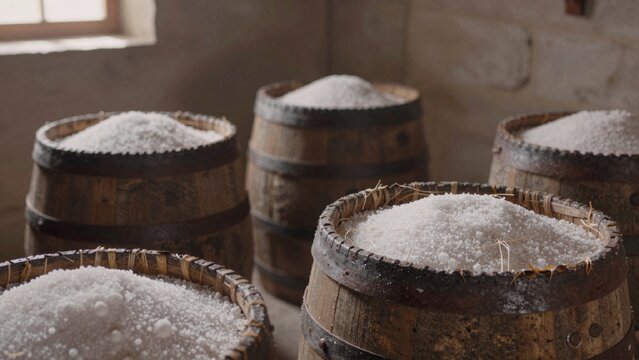 Wooden barrels arranged row against stone wall each barrel containing different amount white sugar made dark b