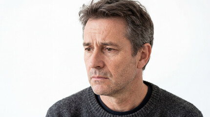 Obraz premium Portrait of a Mature Man with a Sad and Pensive Expression, Looking Away in Thought, Isolated on a White Studio Background with Soft Lighting