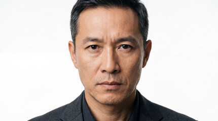 Fototapeta premium Intense Close-up Portrait of a Serious Middle-Aged Asian Businessman in a Dark Suit Against a Plain White Studio Background