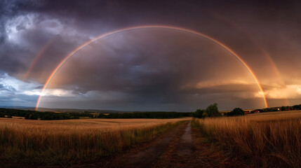 Obraz premium Double Rainbow Over Golden Field: A breathtaking double rainbow arcs across a dramatic sky, illuminating a golden wheat field under the soft light of sunset.