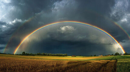 Obraz premium Double Rainbow Over a Golden Field: A breathtaking scene unfolds as a vibrant double rainbow arcs majestically across a dramatic sky.