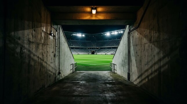 View of empty soccer stadium from tunnel entrance night lights illuminating green field perspective from player tunnel.