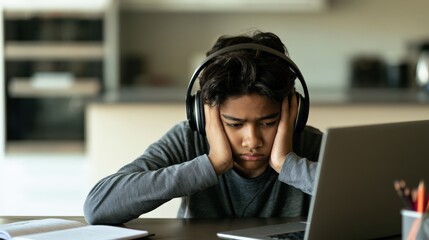 Fototapeta premium teenager exhausted at laptop wearing headphones in modern kitchen — home study burnout concept, candid lifestyle portrait with copy space